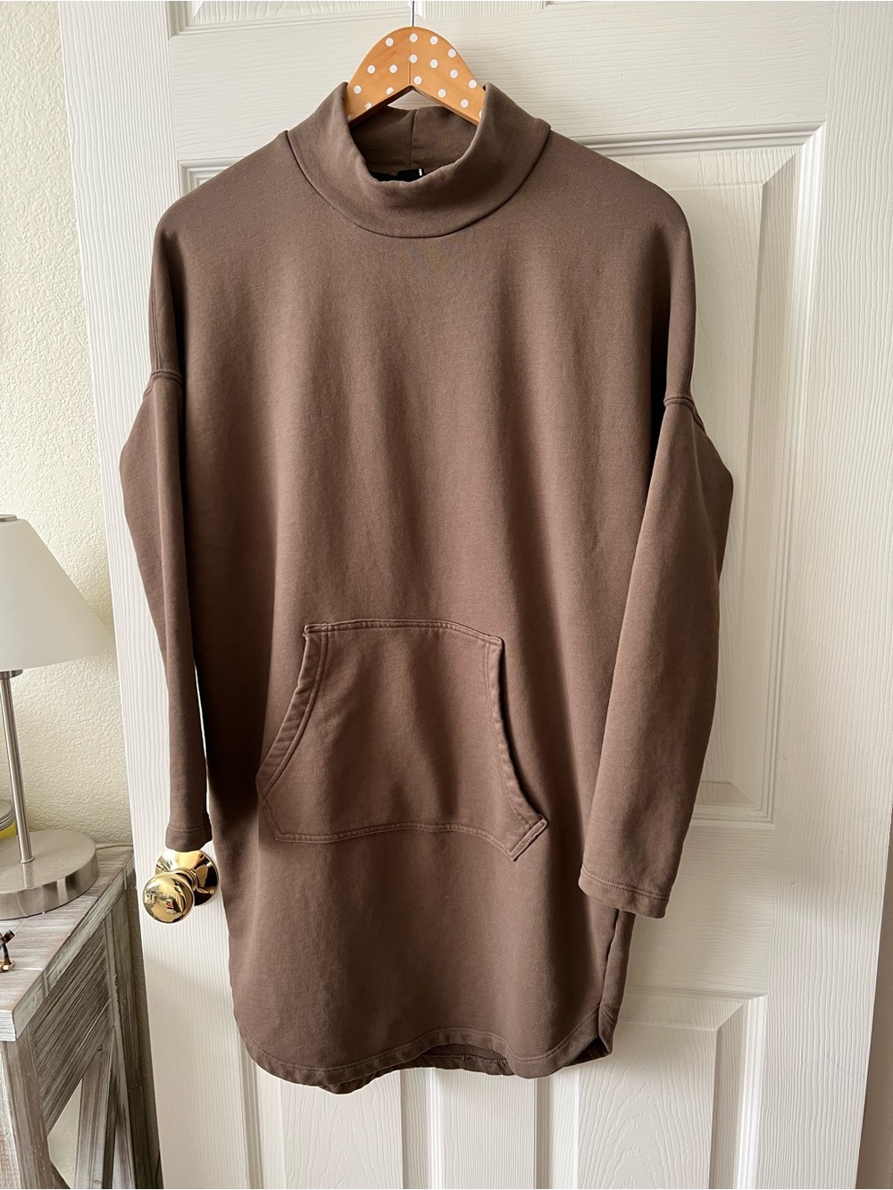 bobi Los Angeles Sweatshirt Dress Mock Neck Brown with Kangaroo Pocket